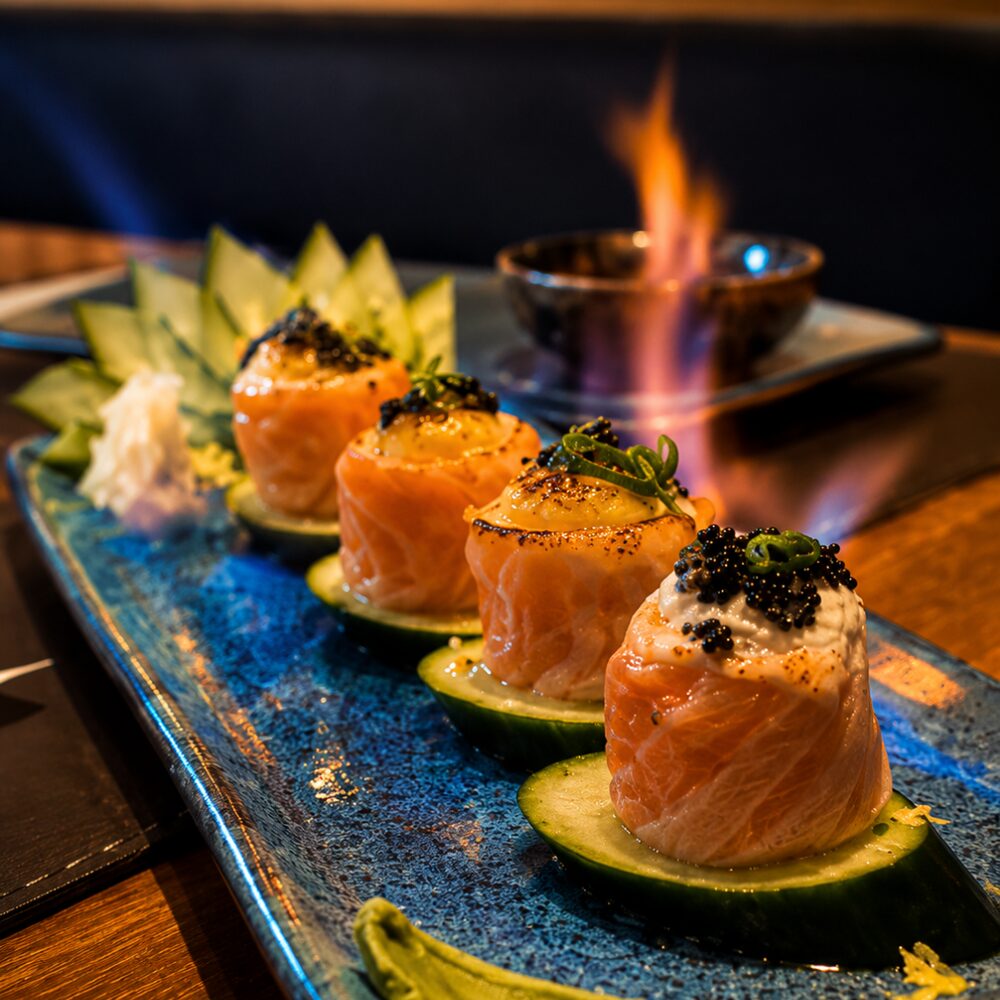 Sushi flambado na brasa